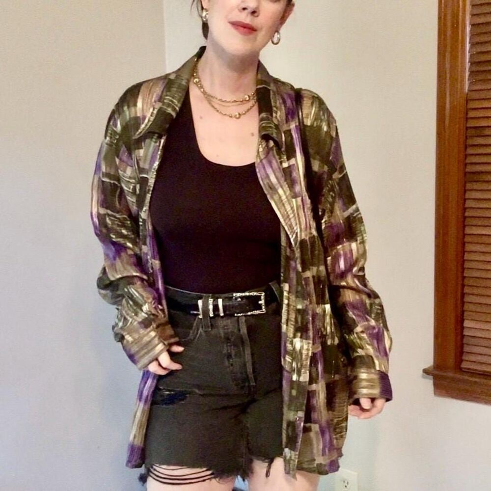 Vintage 90s Y2K Metallic Purple & Green Patchwork Boho Silk Button-down Shirt